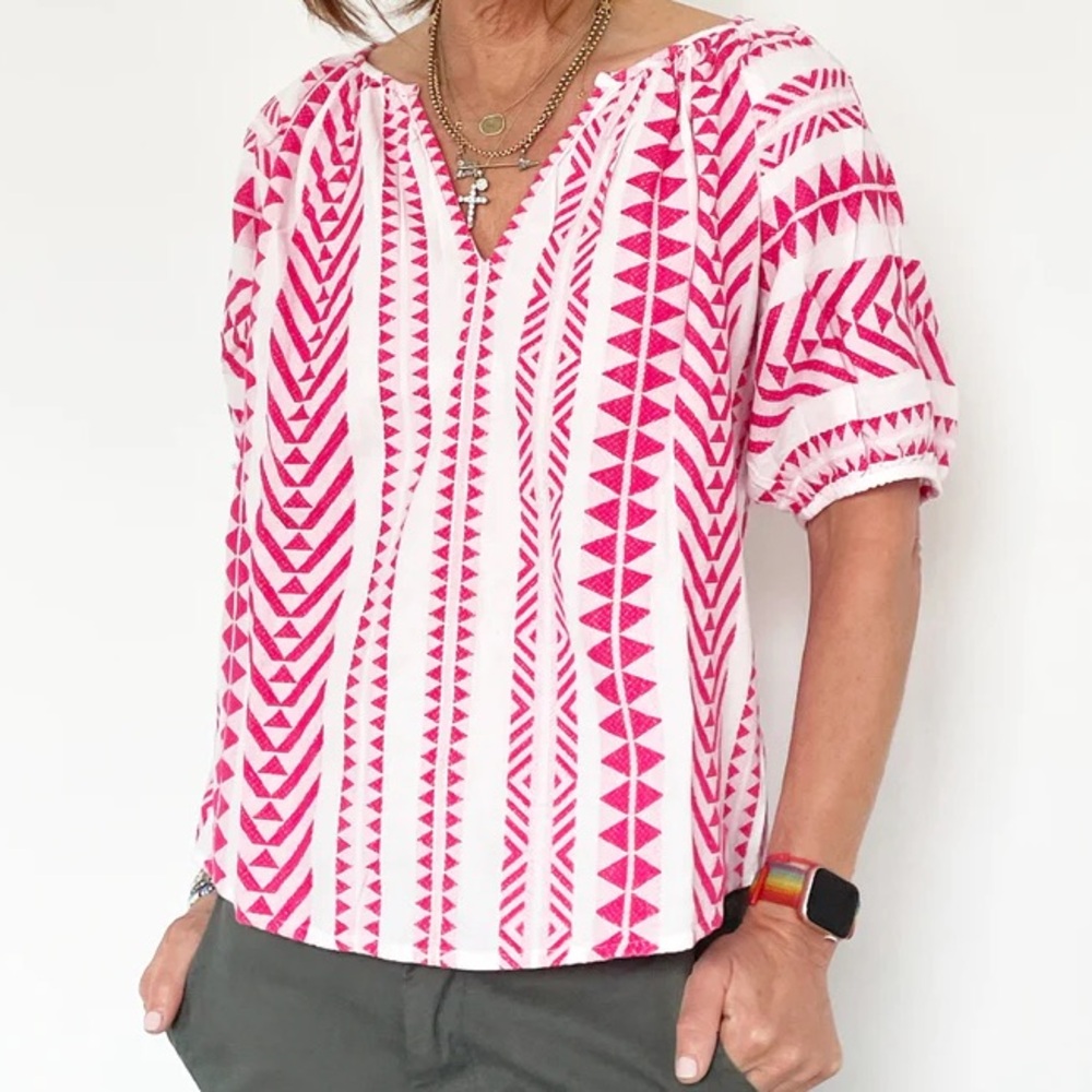 Velvet Pink and White Geometric Blouse